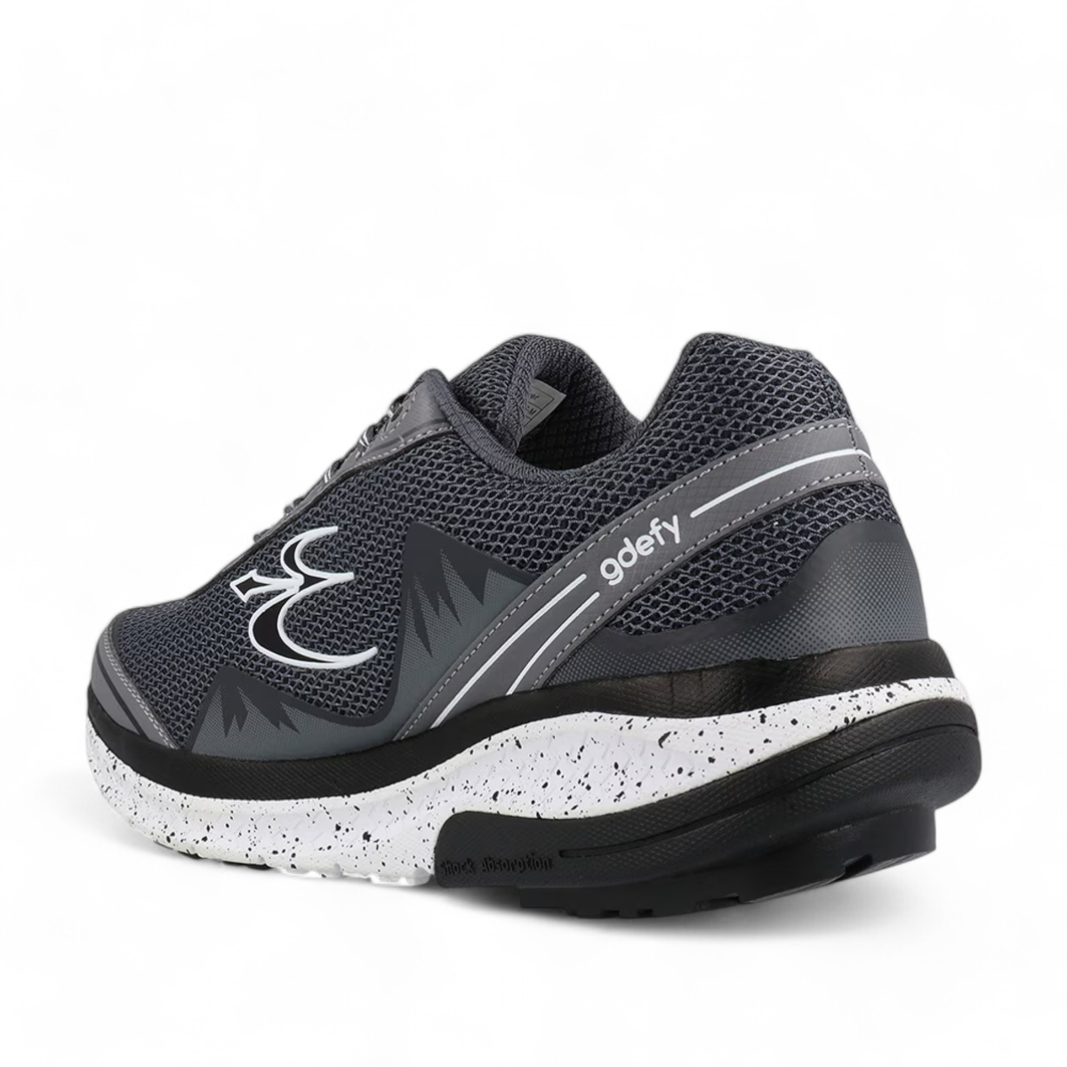 grey GDEFY Mighty Walk athletic shoe with breathable mesh, VersoShock technology, and speckled sole.
photo of the back side