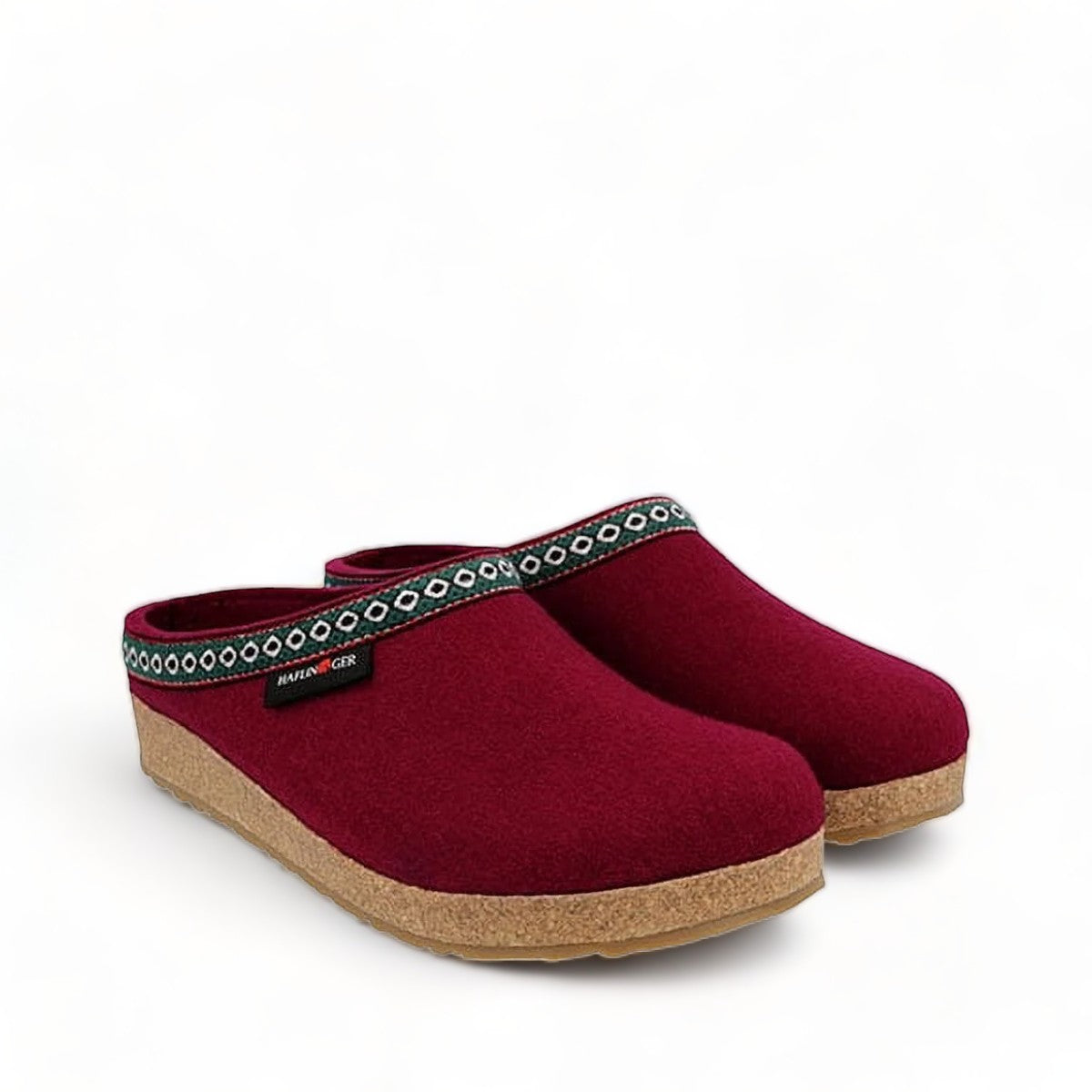 Haflinger GZ burgundy wool felt clogs with cork midsole and decorative trim