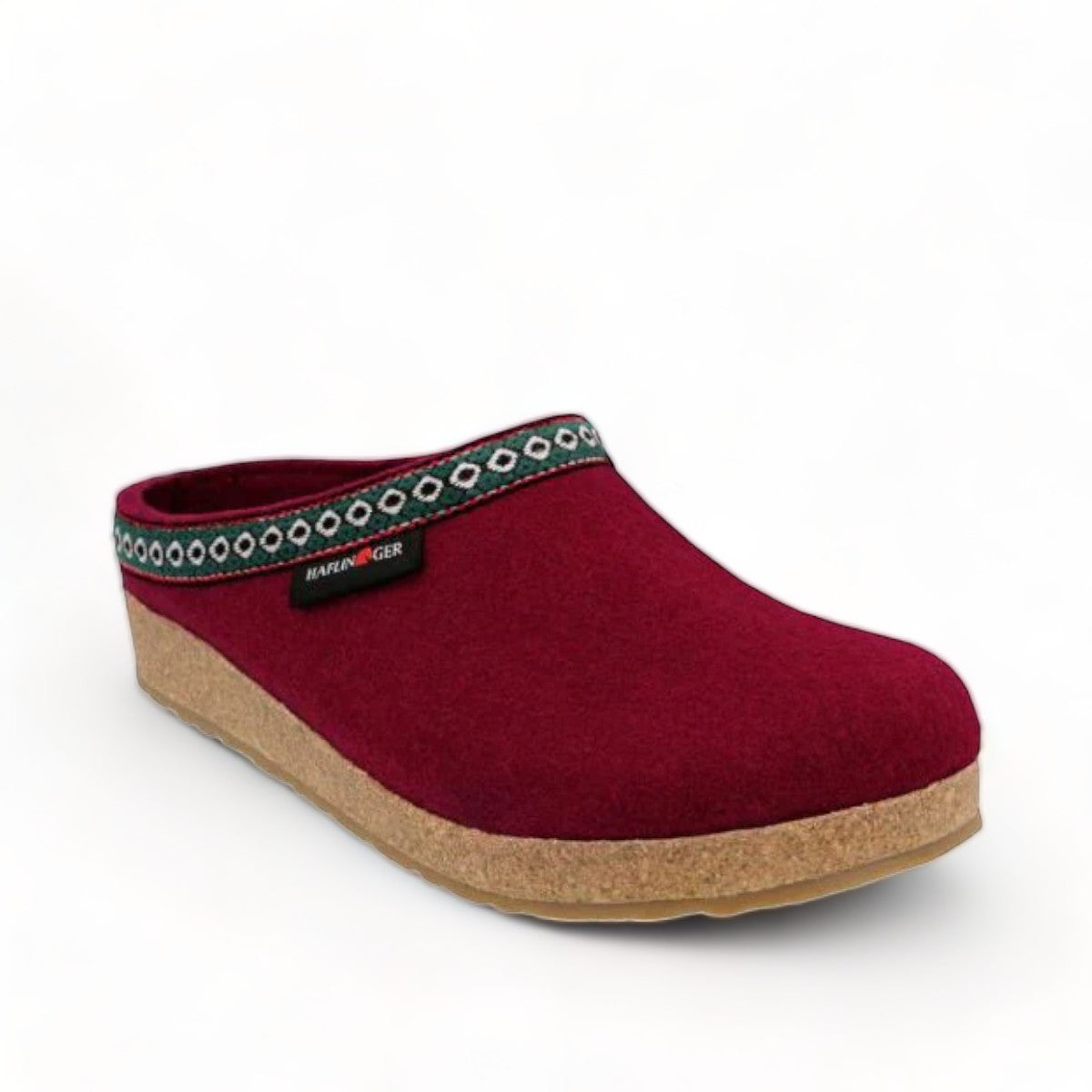 Haflinger GZ burgundy wool felt clogs with cork midsole and decorative trim
