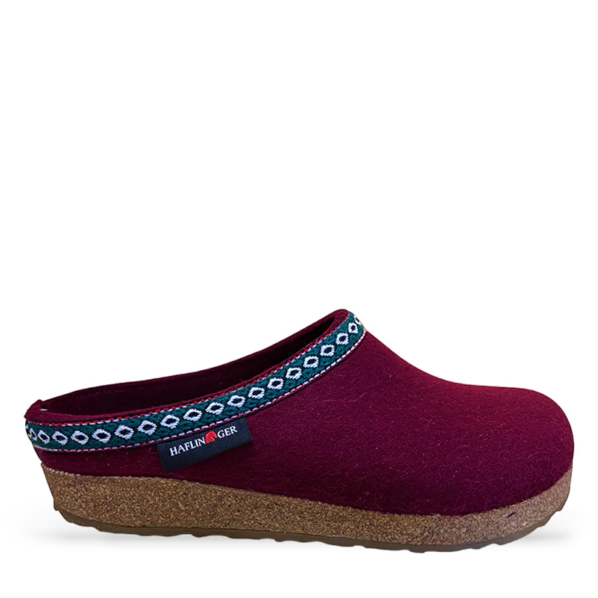 Haflinger GZ burgundy wool felt clogs with cork midsole and decorative trim