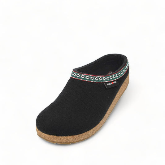 Haflinger GZ black wool felt clog with decorative trim and cork midsole