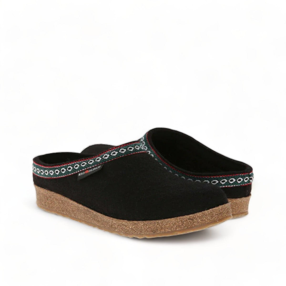 Haflinger GZ black wool felt clog with decorative trim and cork midsole
