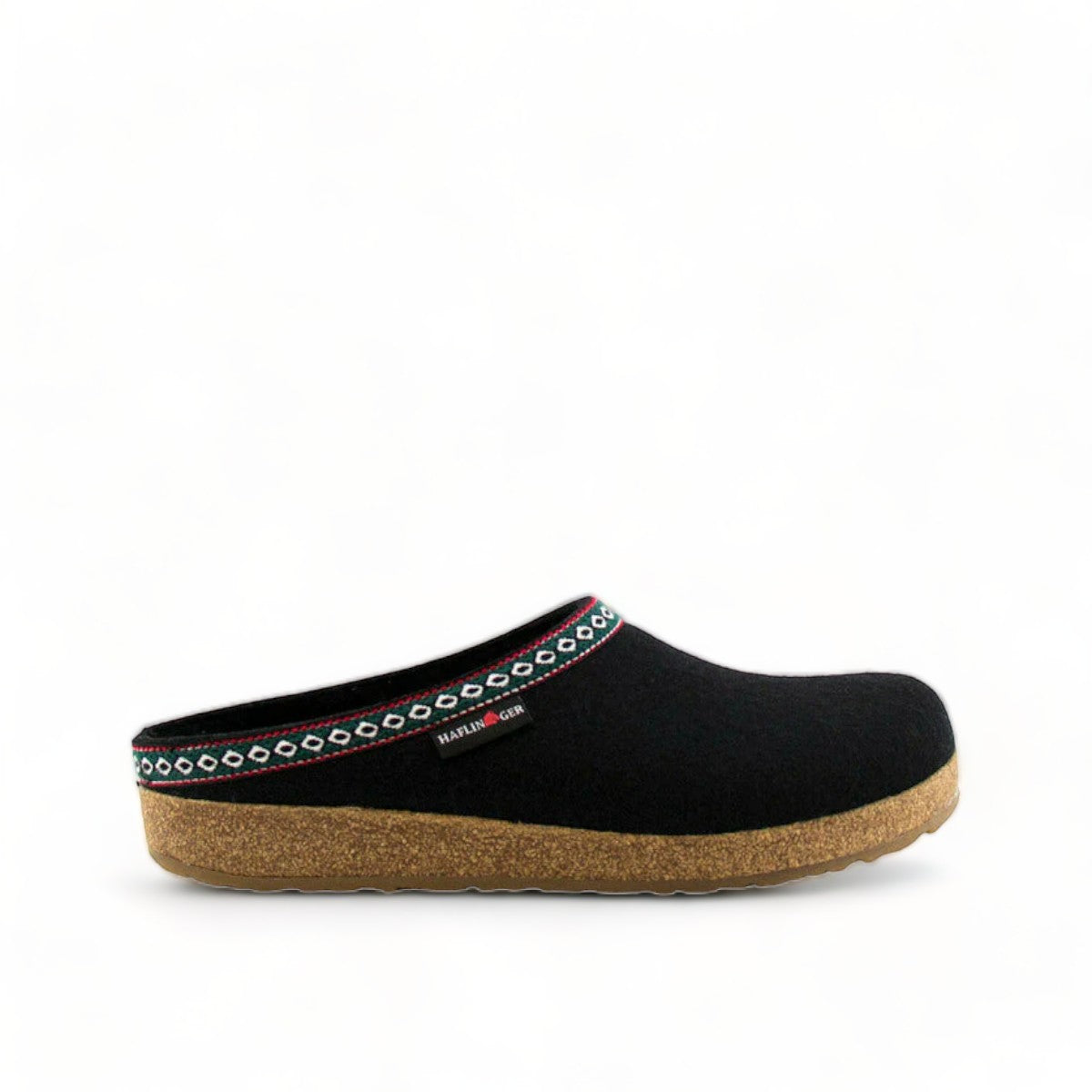 Haflinger GZ black wool felt clog with decorative trim and cork midsole