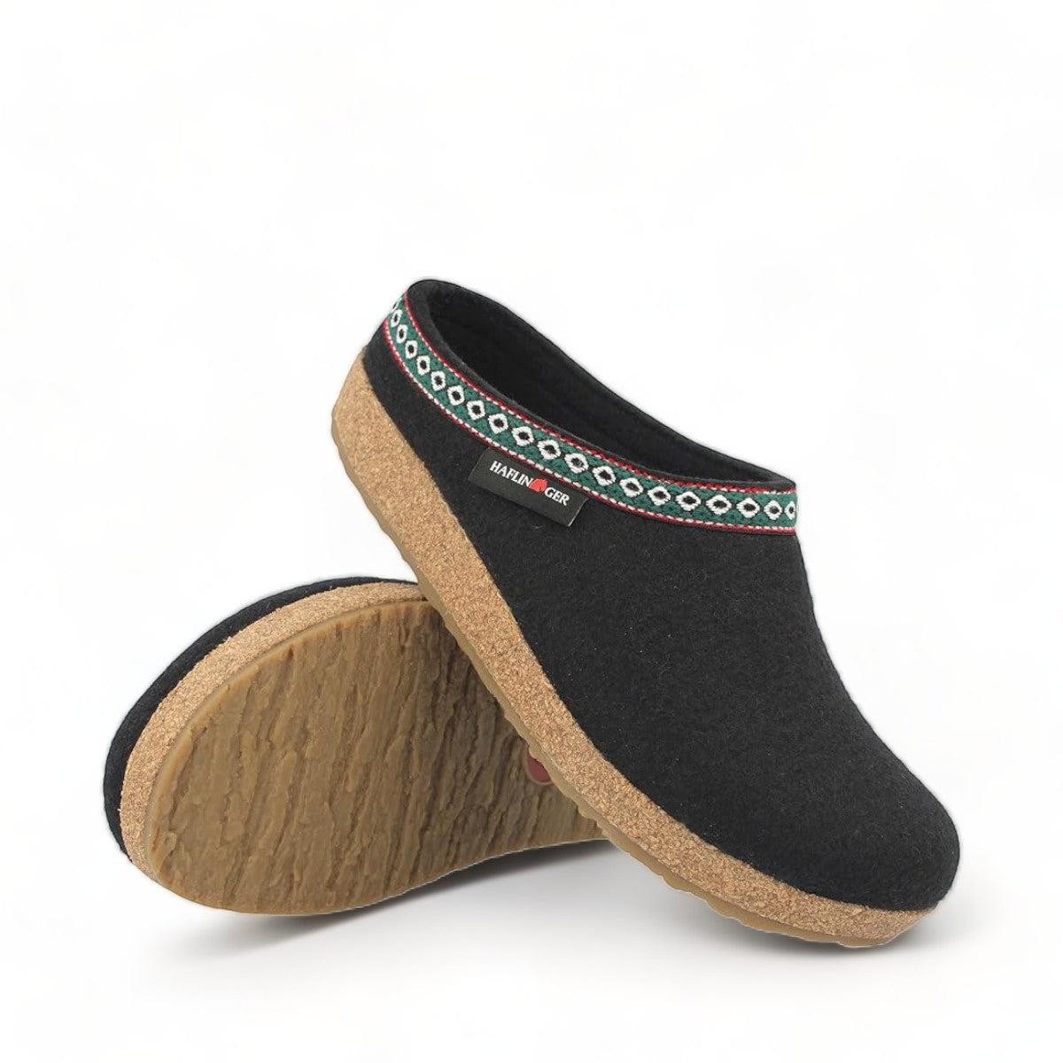 Haflinger GZ black wool felt clog with decorative trim and cork midsole