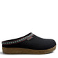 Haflinger GZ black wool felt clog with decorative trim and anatomically contoured cork midsole. Photo of right side view.