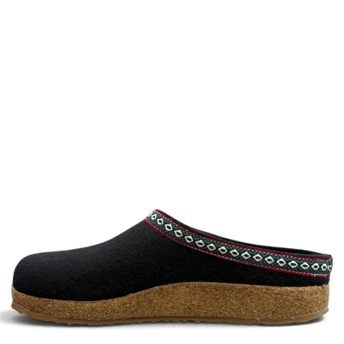 Haflinger GZ black wool felt clog with decorative trim and anatomically contoured cork midsole. Photo of left side view.