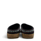 Haflinger GZ black wool felt clog with decorative trim and anatomically contoured cork midsole. Photo of back view.