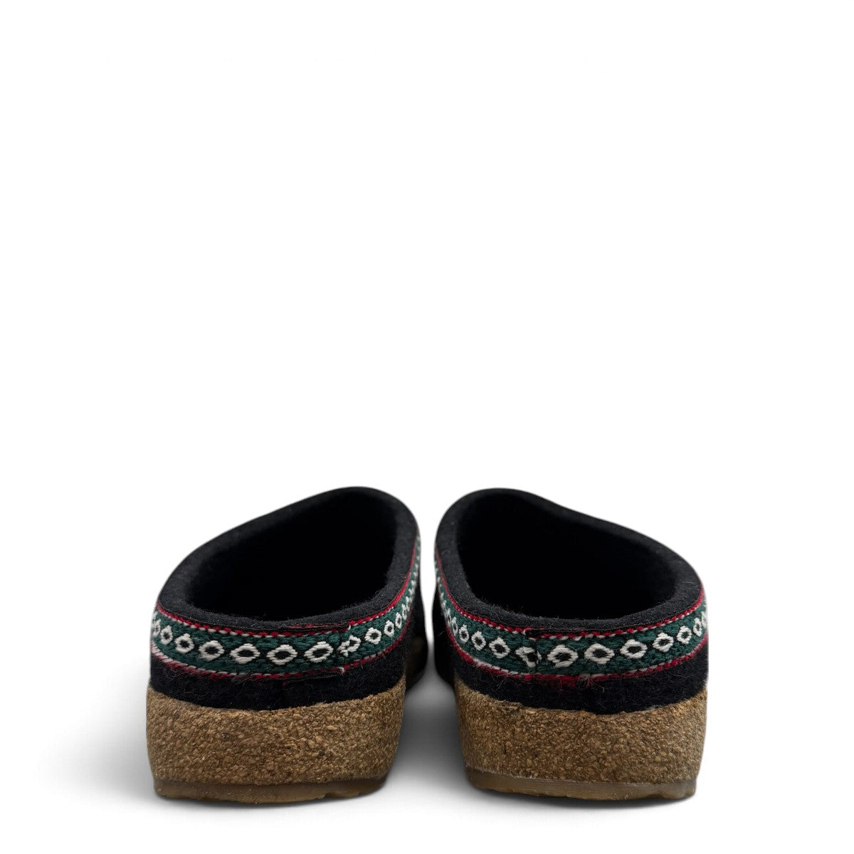 Haflinger GZ black wool felt clog with decorative trim and anatomically contoured cork midsole. Photo of back view.
