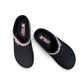 Haflinger GZ black wool felt clog with decorative trim and anatomically contoured cork midsole. Photo of upper view 2.