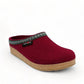 Haflinger GZ burgundy wool felt clogs with cork midsole and decorative trim. Photo of front view.