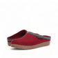 Haflinger GZ burgundy wool felt clogs with cork midsole and decorative trim. Photo of front side view 2.