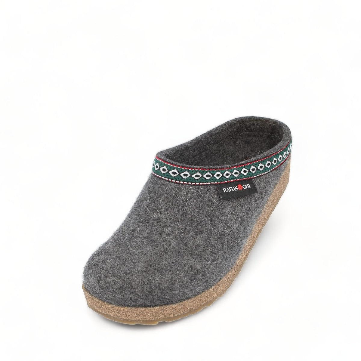 Haflinger GZ gray wool felt clogs with decorative trim and cork midsole for arch support