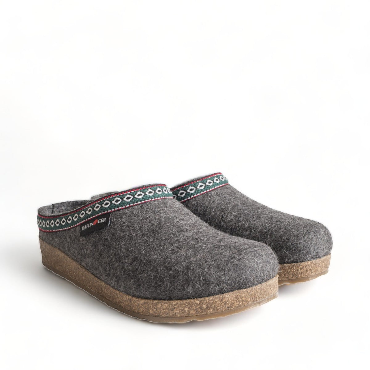 Haflinger GZ gray wool felt clogs with decorative trim and cork midsole for arch support