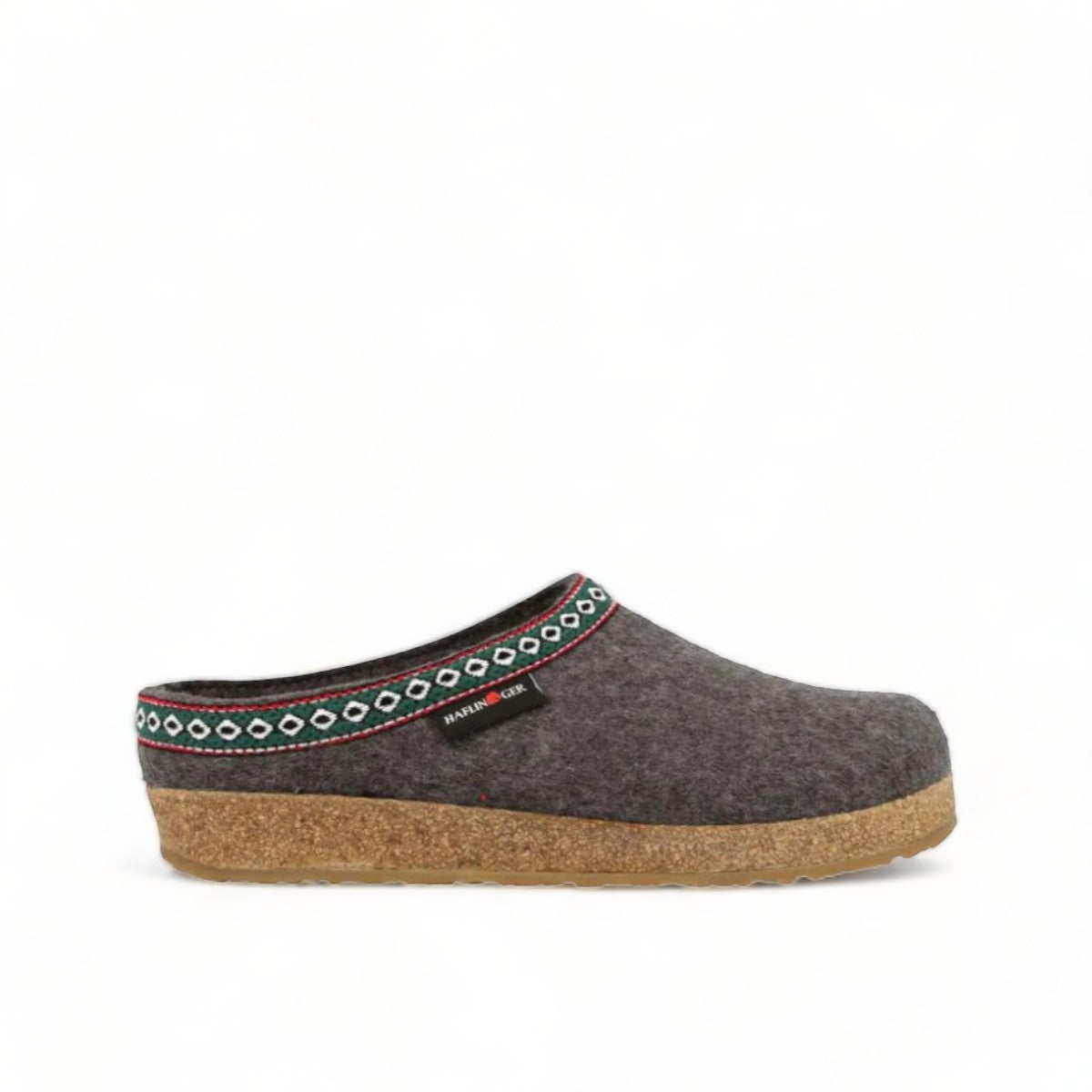 Haflinger GZ gray wool felt clogs with decorative trim and cork midsole for arch support