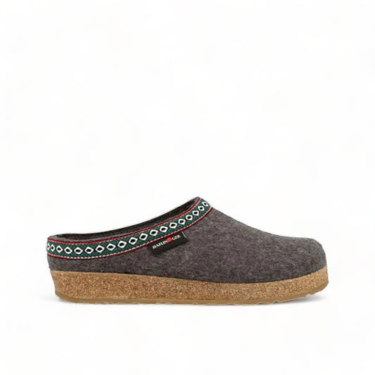 Haflinger GZ gray wool felt clogs with decorative trim and cork midsole for arch support