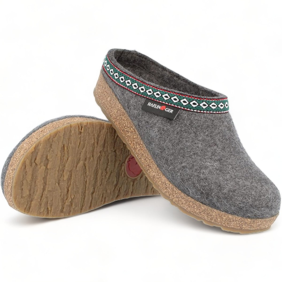 Haflinger GZ gray wool felt clogs with decorative trim and cork midsole for arch support