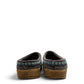 Haflinger GZ gray wool felt clog with patterned trim and anatomically contoured cork midsole. Photo of back view.