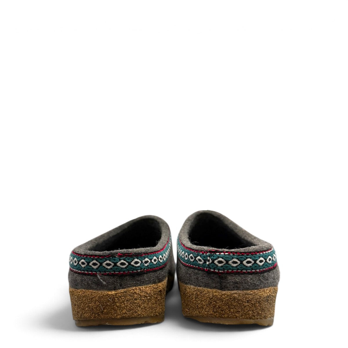 Haflinger GZ gray wool felt clog with patterned trim and anatomically contoured cork midsole. Photo of back view.