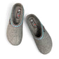 Haflinger GZ gray wool felt clog with patterned trim and anatomically contoured cork midsole. Photo of upper view 2.