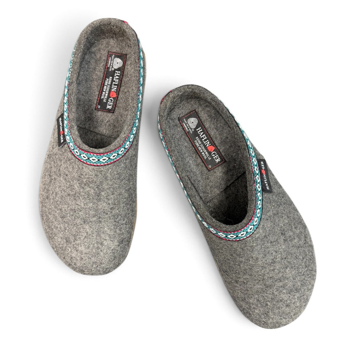 Haflinger GZ gray wool felt clog with patterned trim and anatomically contoured cork midsole. Photo of upper view 2.