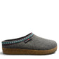 Haflinger GZ gray wool felt clog with patterned trim and anatomically contoured cork midsole. Photo of right side view.