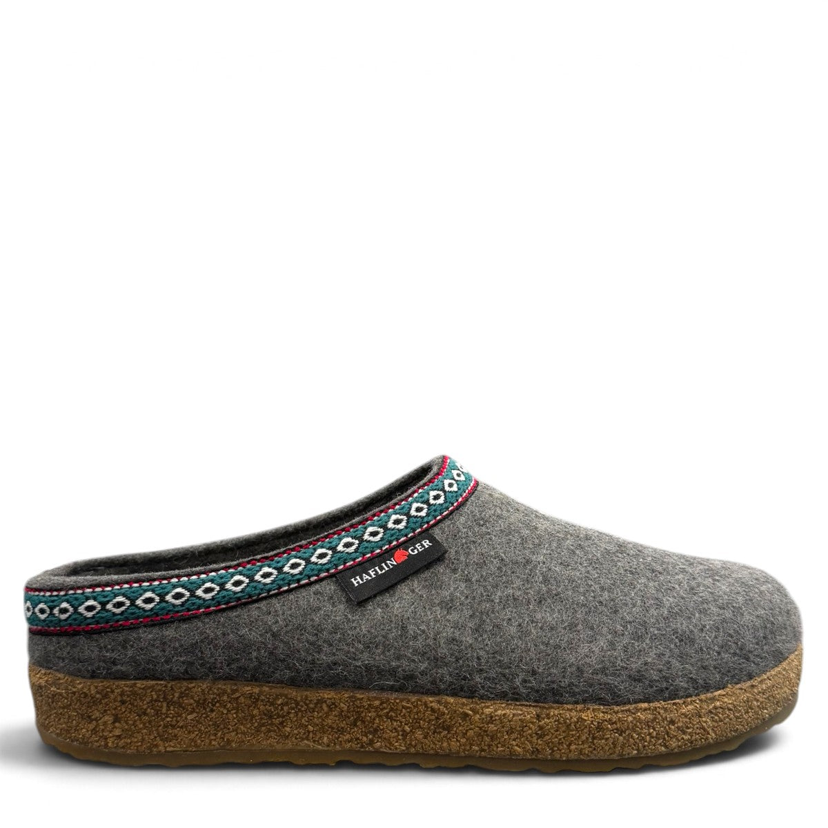 Haflinger GZ gray wool felt clog with patterned trim and anatomically contoured cork midsole. Photo of right side view.