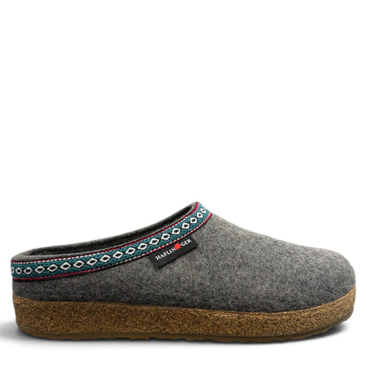Haflinger GZ gray wool felt clog with patterned trim and anatomically contoured cork midsole. Photo of right side view.