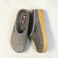 Haflinger GZ gray wool felt clog with patterned trim and anatomically contoured cork midsole. Photo of upper view 1.