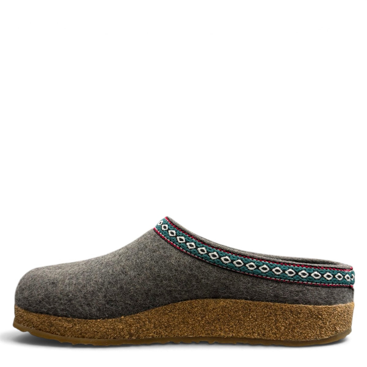Haflinger GZ gray wool felt clog with patterned trim and anatomically contoured cork midsole. Photo of left side view.
