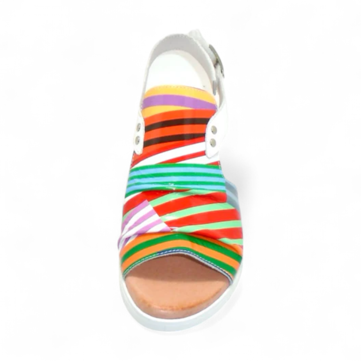 DJANGO & JULIETTE Madis white wedge sandals featuring a multi-coloured striped leather upper and buckle. Photo of upper view.