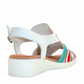 DJANGO & JULIETTE Madis white wedge sandals featuring a multi-coloured striped leather upper and buckle. Photo of back side view.