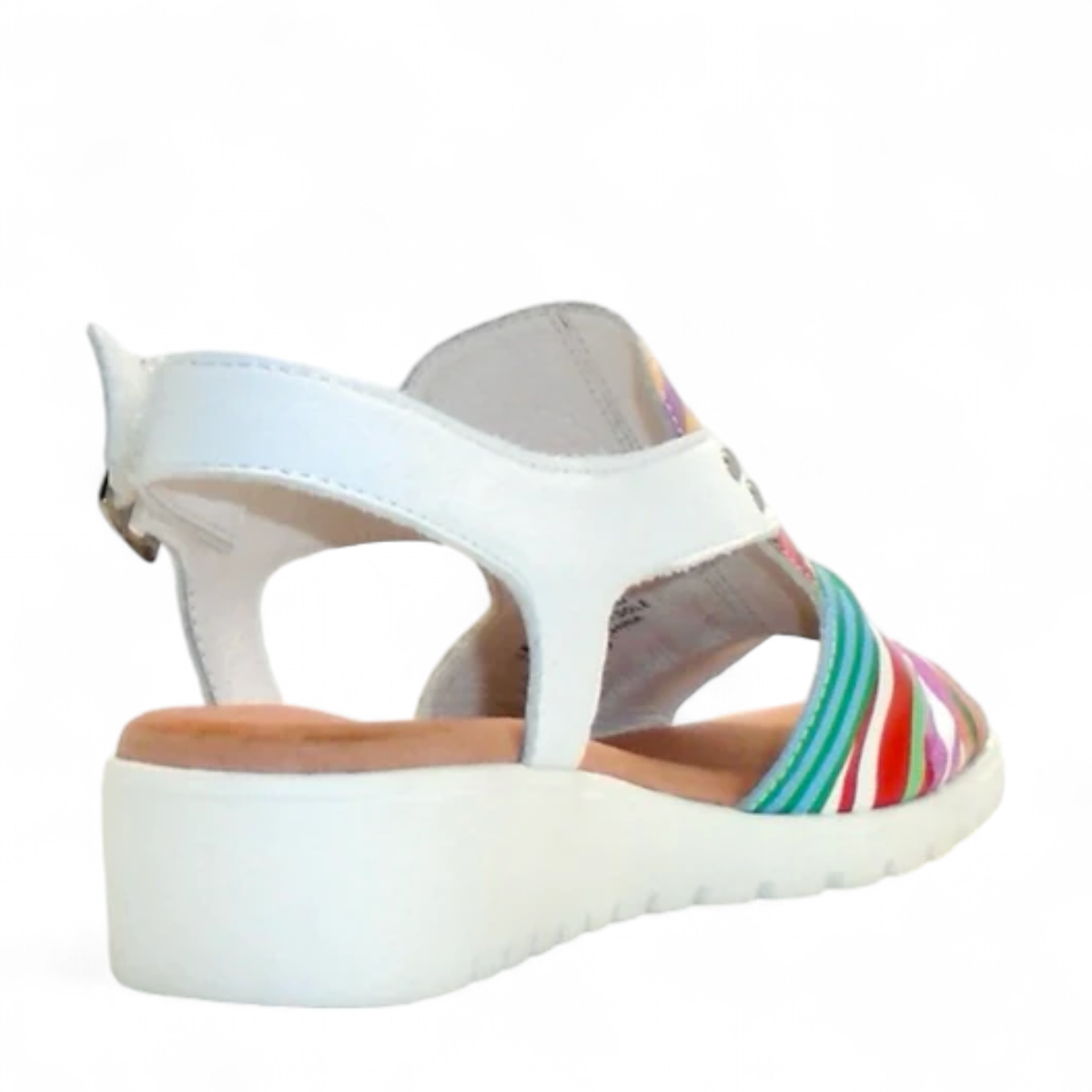 DJANGO & JULIETTE Madis white wedge sandals featuring a multi-coloured striped leather upper and buckle. Photo of back side view.