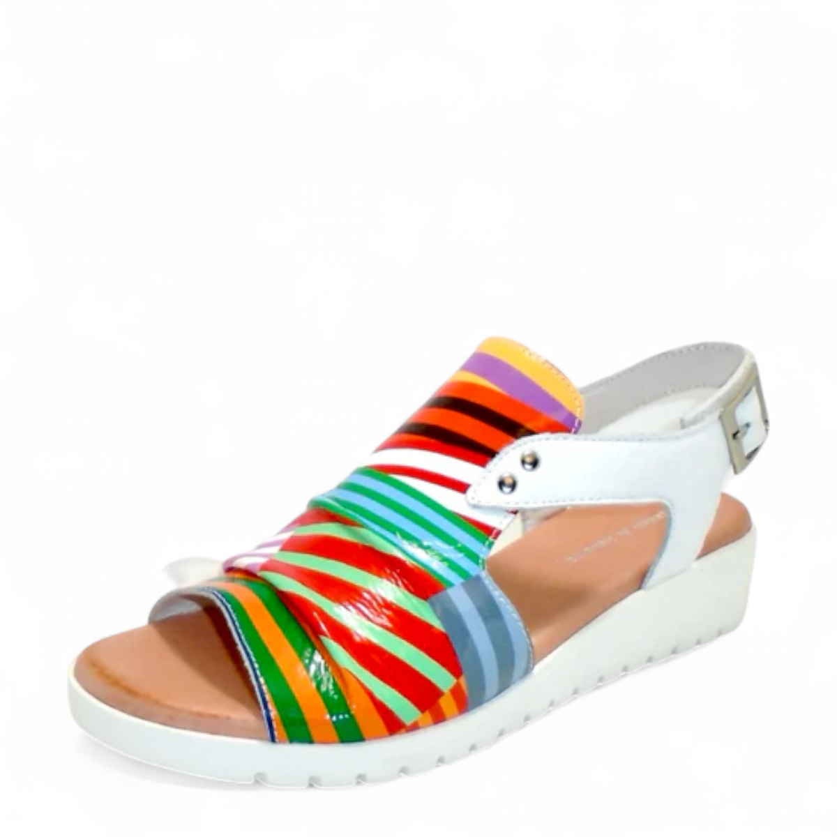 DJANGO & JULIETTE Madis white wedge sandals featuring a multi-coloured striped leather upper and buckle. Photo of front side view.