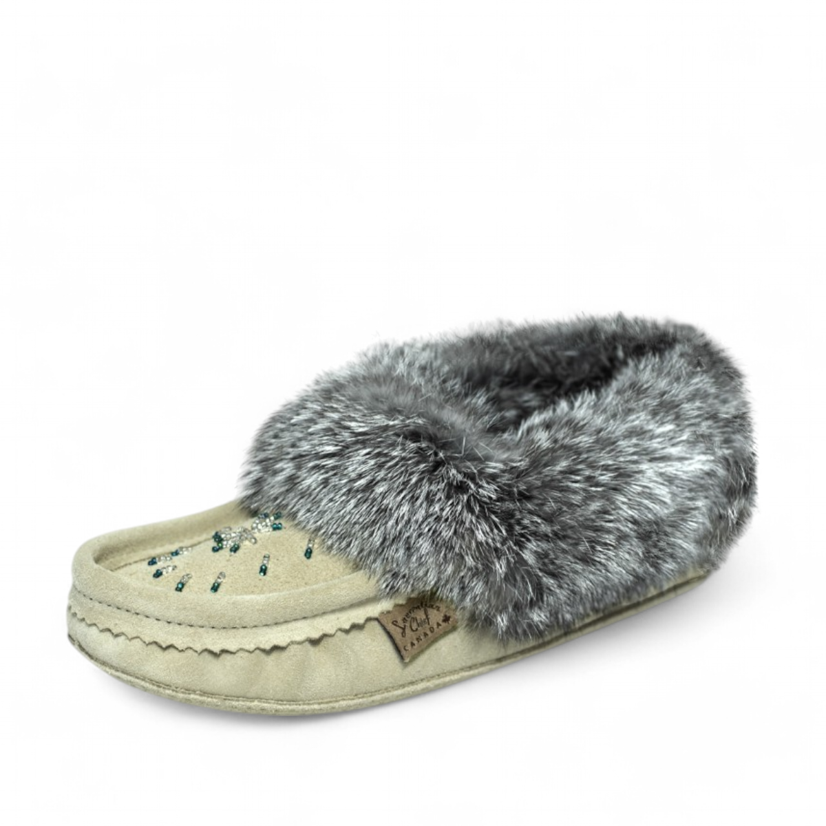 LAURENTIAN CHIEF MOCASSINS FUR TRIM, BEADED, PADDED SOLE  - ICE
