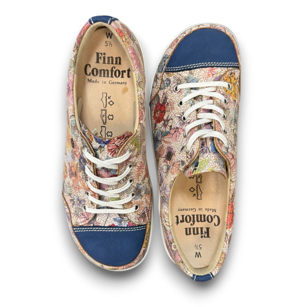 Finn Comfort Ikebukuro sneaker in multi-colored floral nubuck leather with a curved Finnamic outsole.
photo of the top side