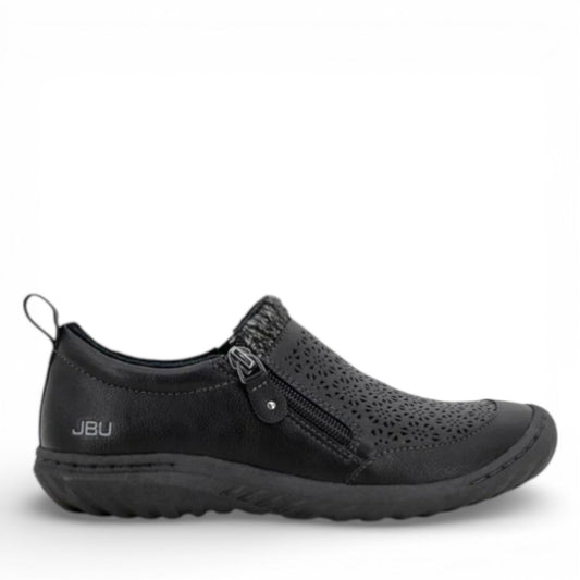 JBU Amber black slip-on shoe with petal cutouts, side zipper, and memory foam insole. Photo of right side view.
