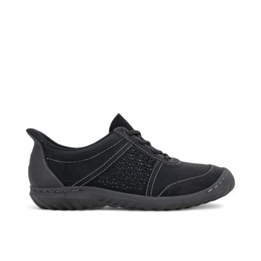 JBU Veronica black and charcoal vegan nubuck slip-on sneaker with laser-cut details and bungee lacing. Photo of right side view.