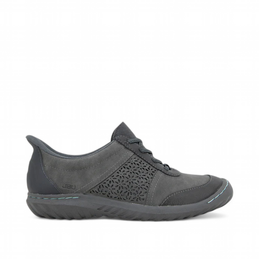 JBU Veronica charcoal and teal vegan nubuck slip-on sneaker with laser-cut floral side detail. Photo of right side view.