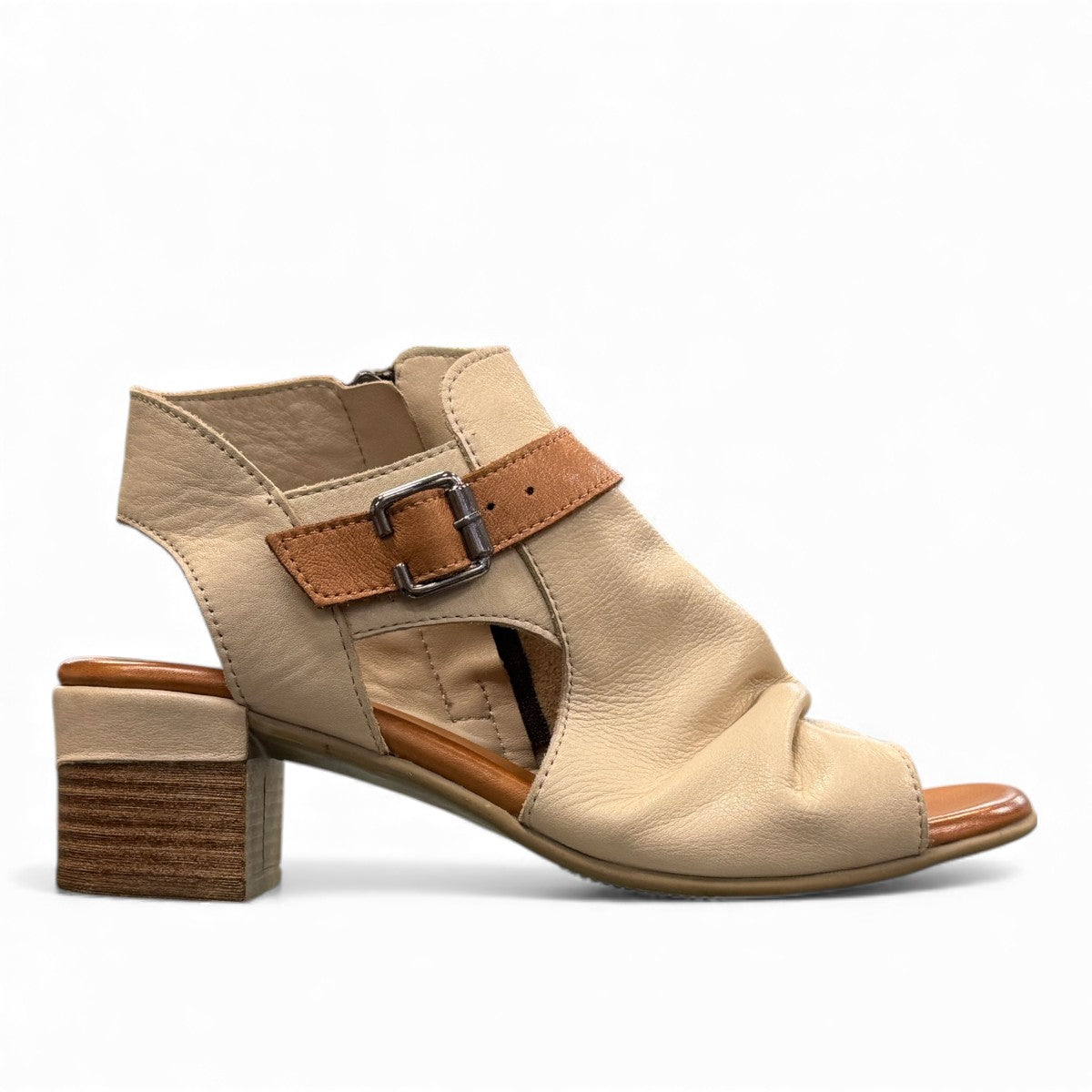 JO&COCO Betty beige leather dress sandal with block heel, side buckle, and rear zip closure. Photo of right side view.