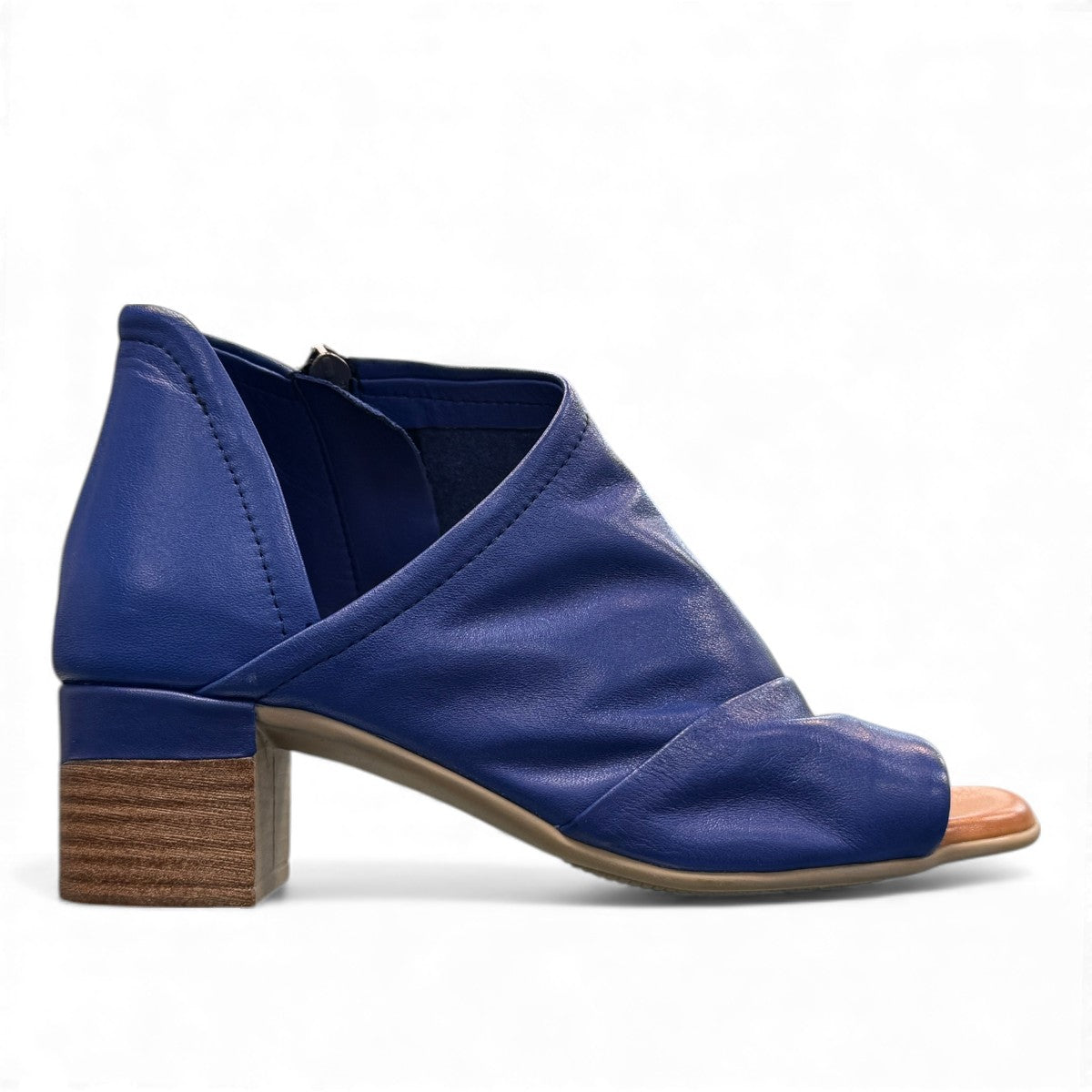 Jo&Coco Blake sax blue leather semi-dress sandal with side zipper and V-cut design. Photo of right side view.