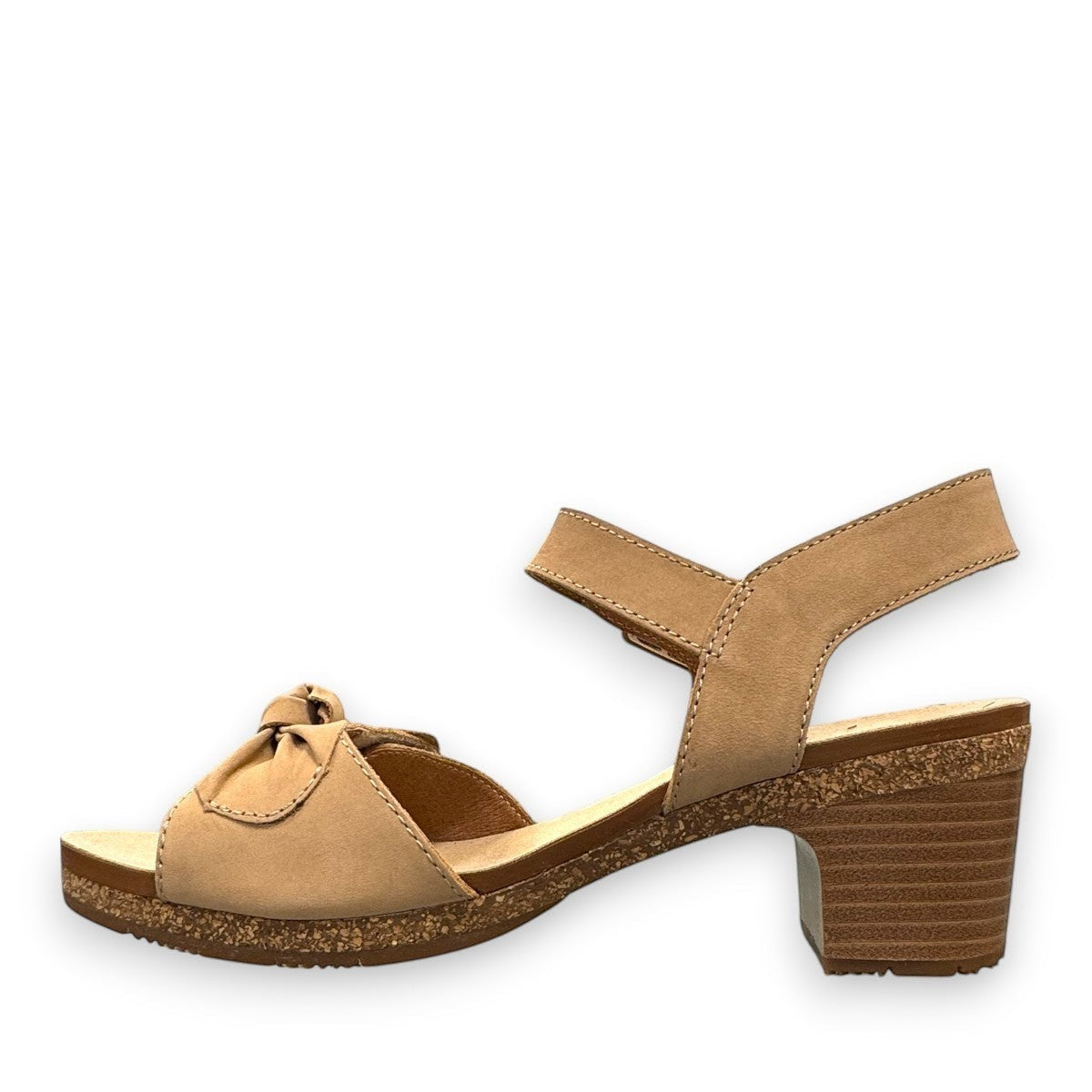 Josef Seibel Grace 11 beige leather sandal with a bow detail, adjustable strap, and cork block heel.
photo of the left side.