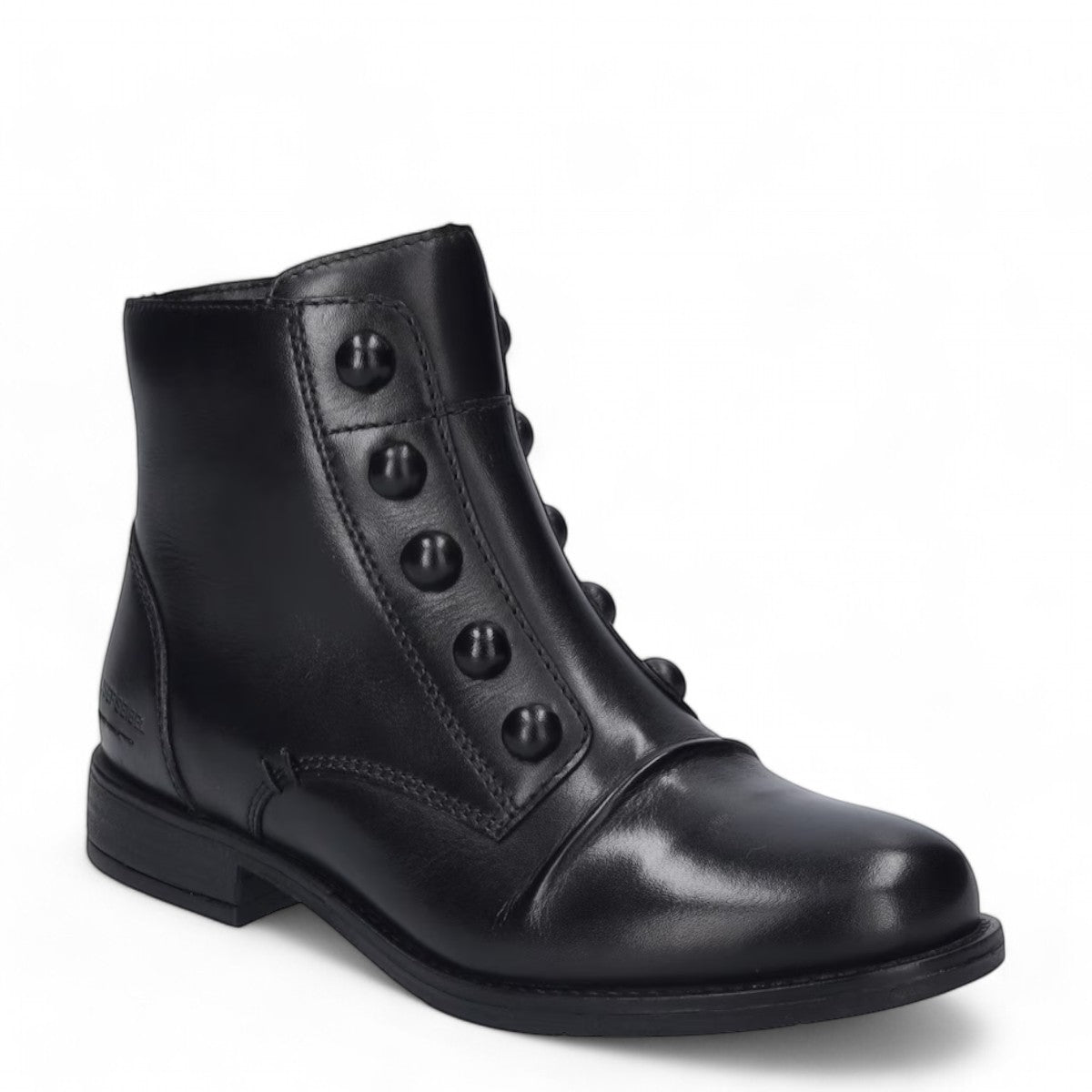 JOSEF SEIBEL SIMONA 04 black leather ankle boots with front button closure and low stacked heel.
photo of the front.