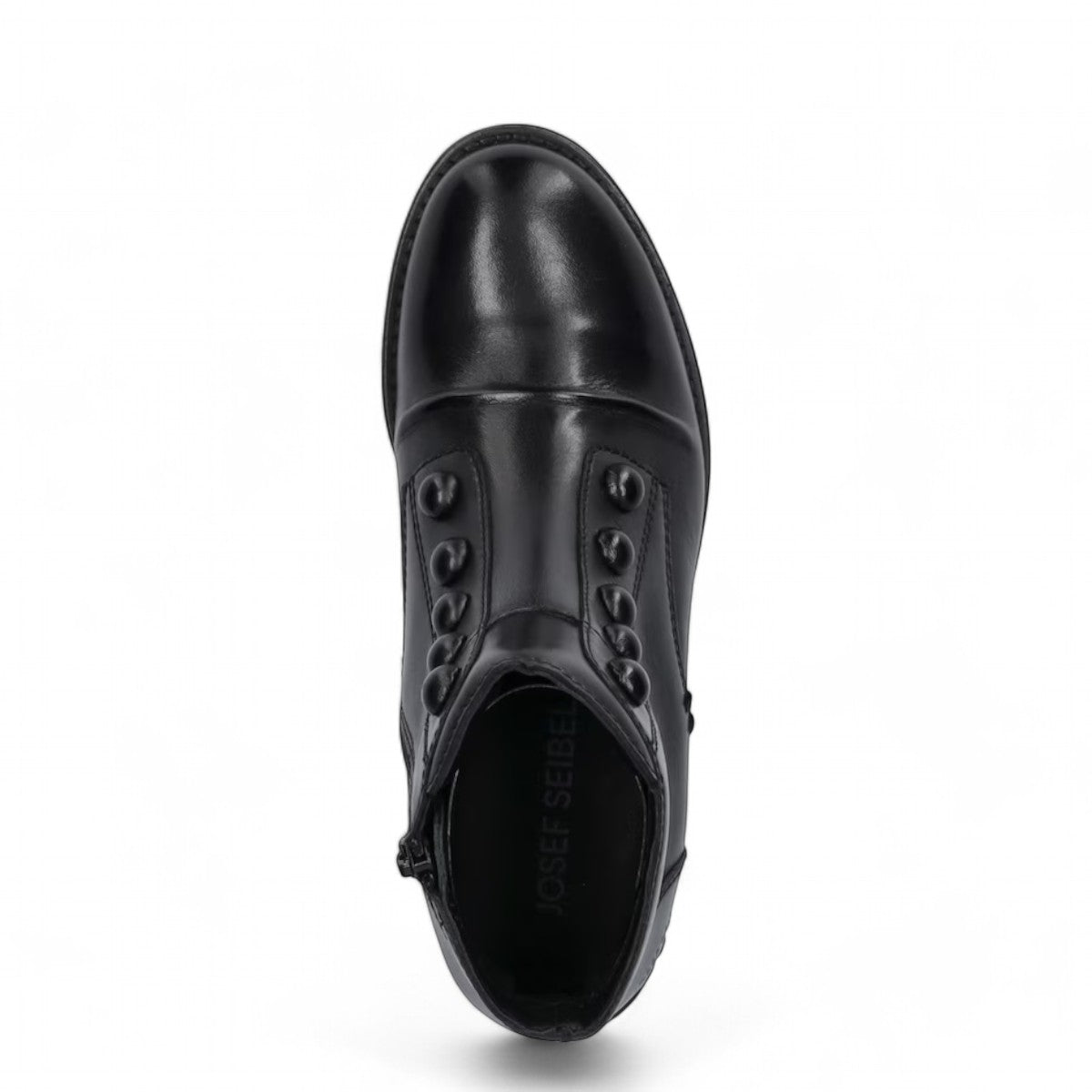 JOSEF SEIBEL SIMONA 04 black leather ankle boots with front button closure and low stacked heel. photo of the top.