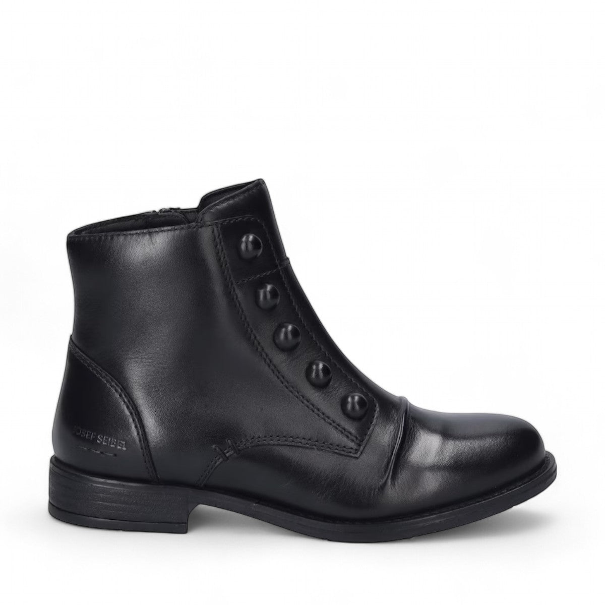 JOSEF SEIBEL SIMONA 04 black leather ankle boots with front button closure and low stacked heel.
photo of the right side.