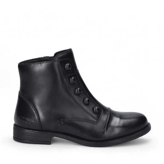 JOSEF SEIBEL SIMONA 04 black leather ankle boots with front button closure and low stacked heel.
photo of the right side.