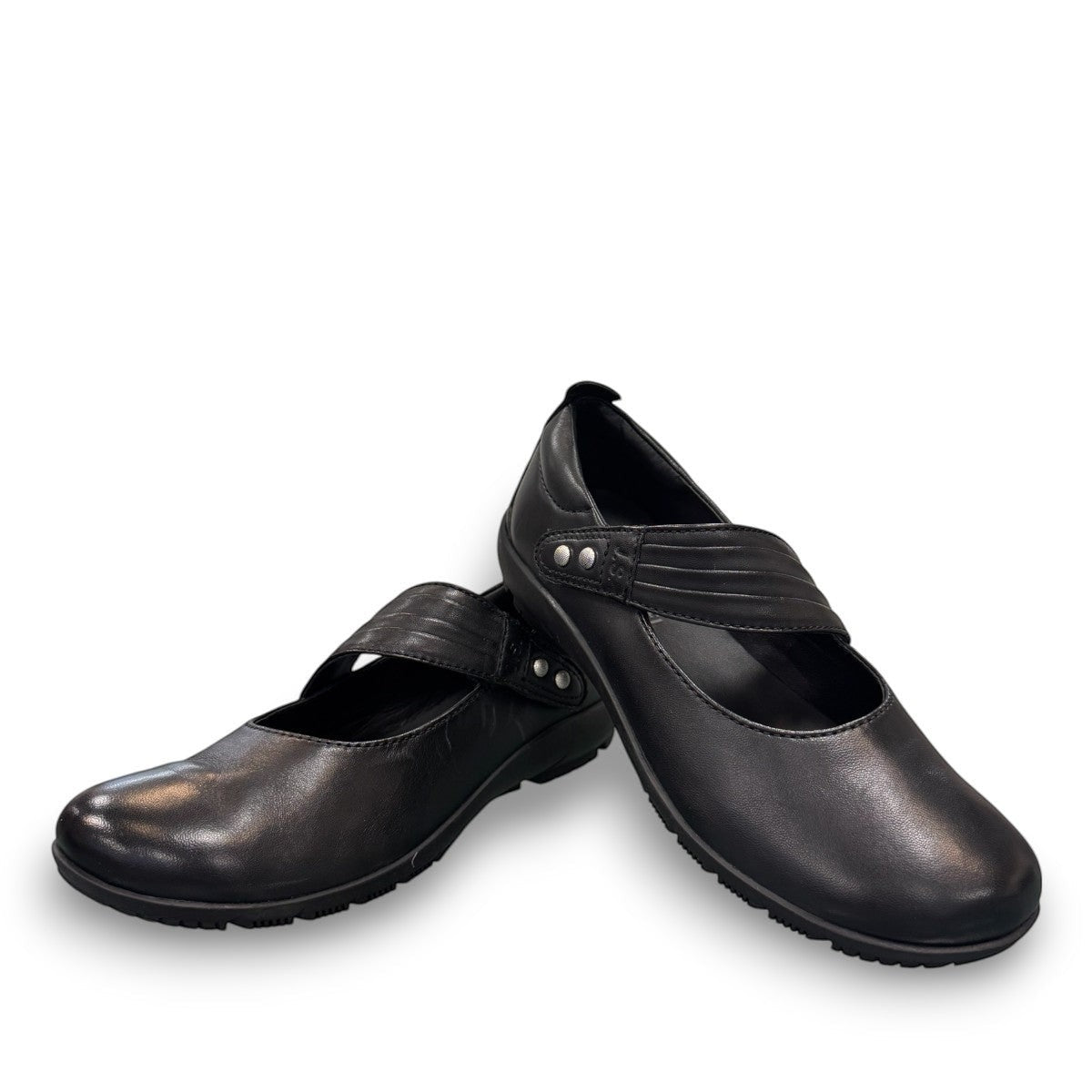 Josef Seibel Charlotte 03 black leather mary jane shoe with a side strap and durable rubber sole. photo of the front.