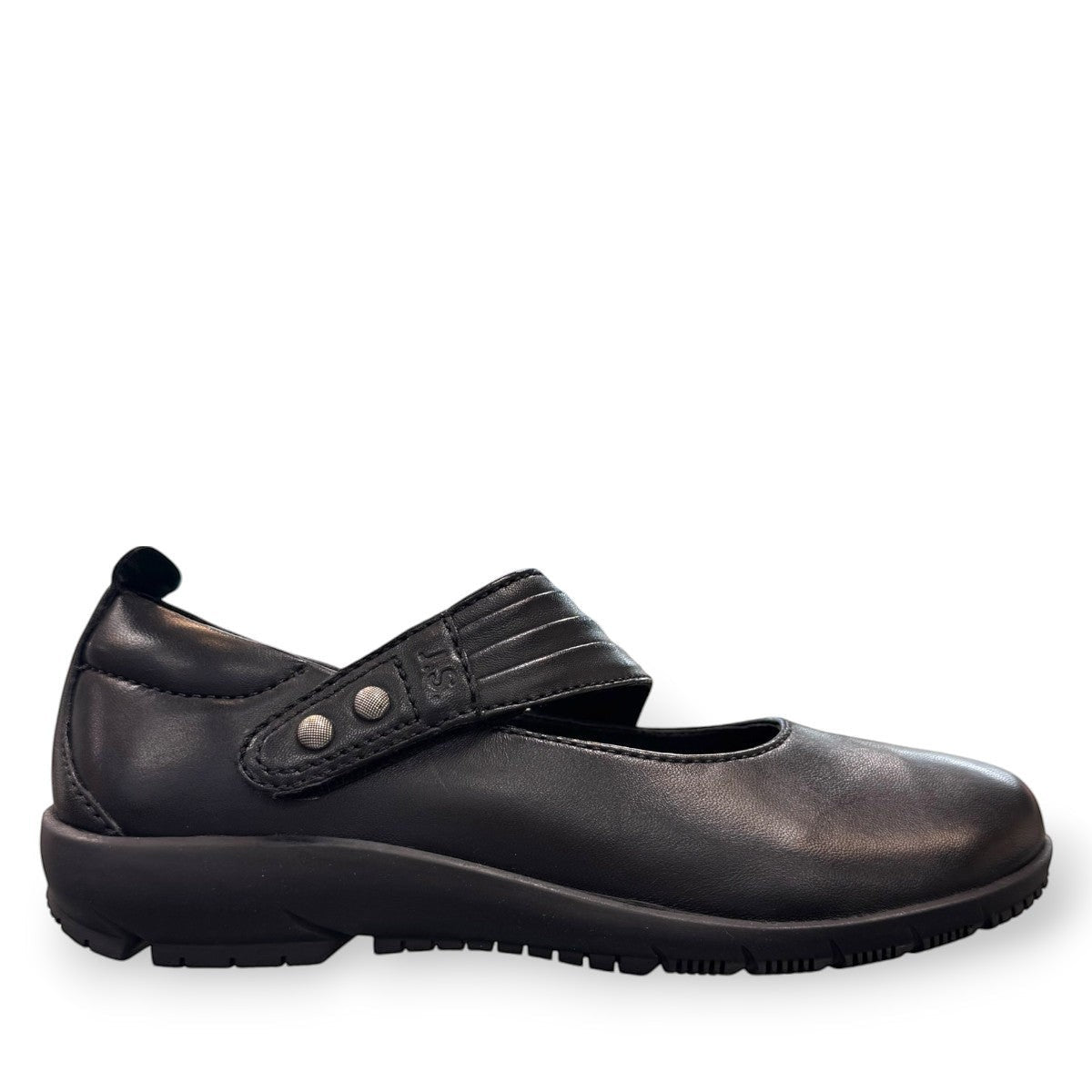 Josef Seibel Charlotte 03 black leather mary jane shoe with a side strap and durable rubber sole. photo of the right side.