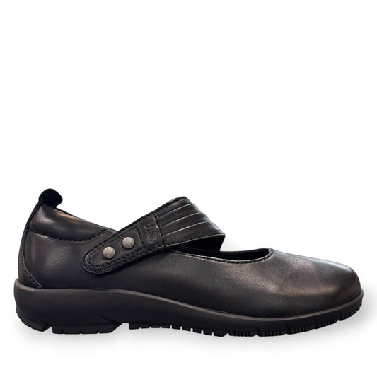 Josef Seibel Charlotte 03 black leather mary jane shoe with a side strap and durable rubber sole. photo of the right side.