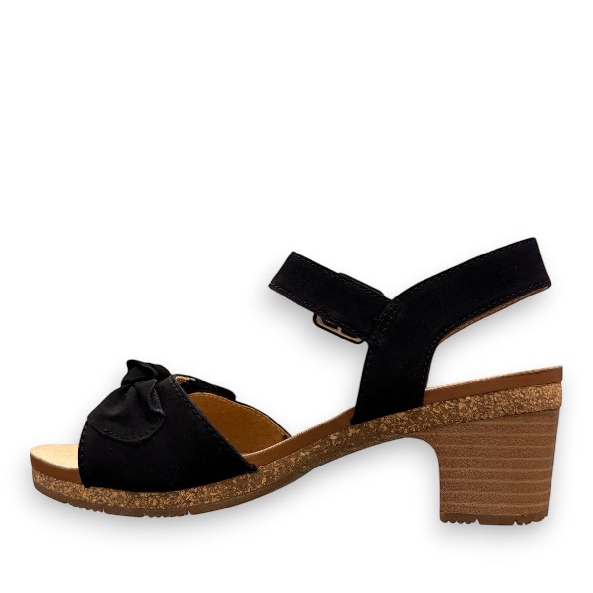 Josef Seibel Grace 11 black leather sandal with adjustable straps and cork latex block heel.
photo of the left.