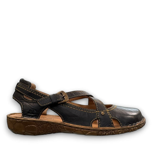 Josef Seibel Rosalie 13 black oiled leather closed-toe sandal with hand-stitched detail and buckle strap. Photo from the right side.